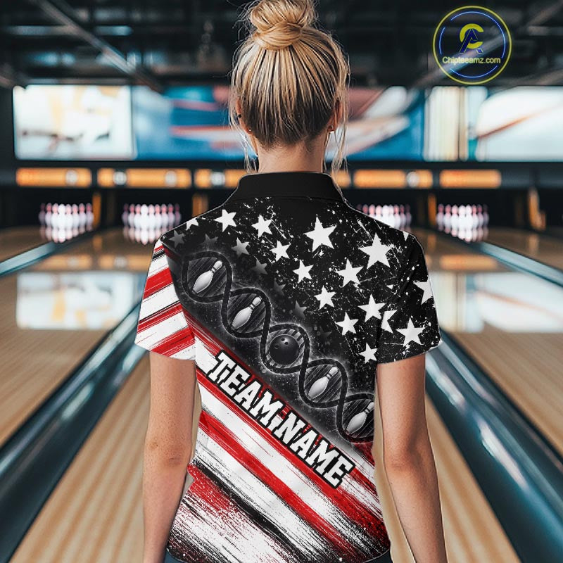 Custom Bowling Is In My Dna Bowling Shirt For Women US Flag Patriot Bowling Team Uniform | Red NYN4152