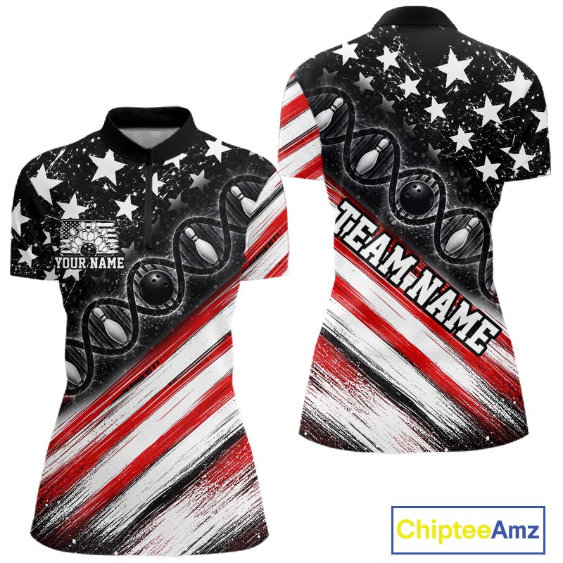 Custom Bowling Is In My Dna Bowling Shirt For Women US Flag Patriot Bowling Team Uniform | Red NYN4152