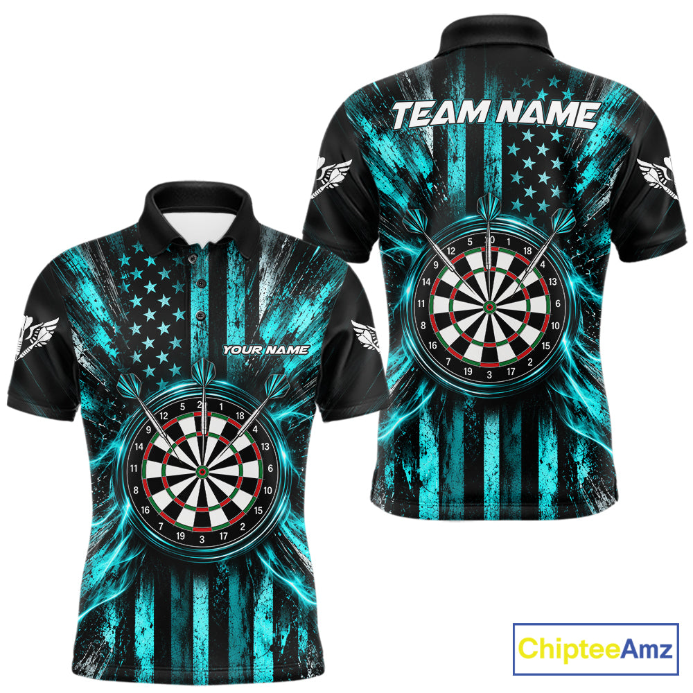 Black And Teal US Flag Mens Darts Polo 1/4-Zip Shirt Custom Patriotic Darts Tournament Jersey NYN4891