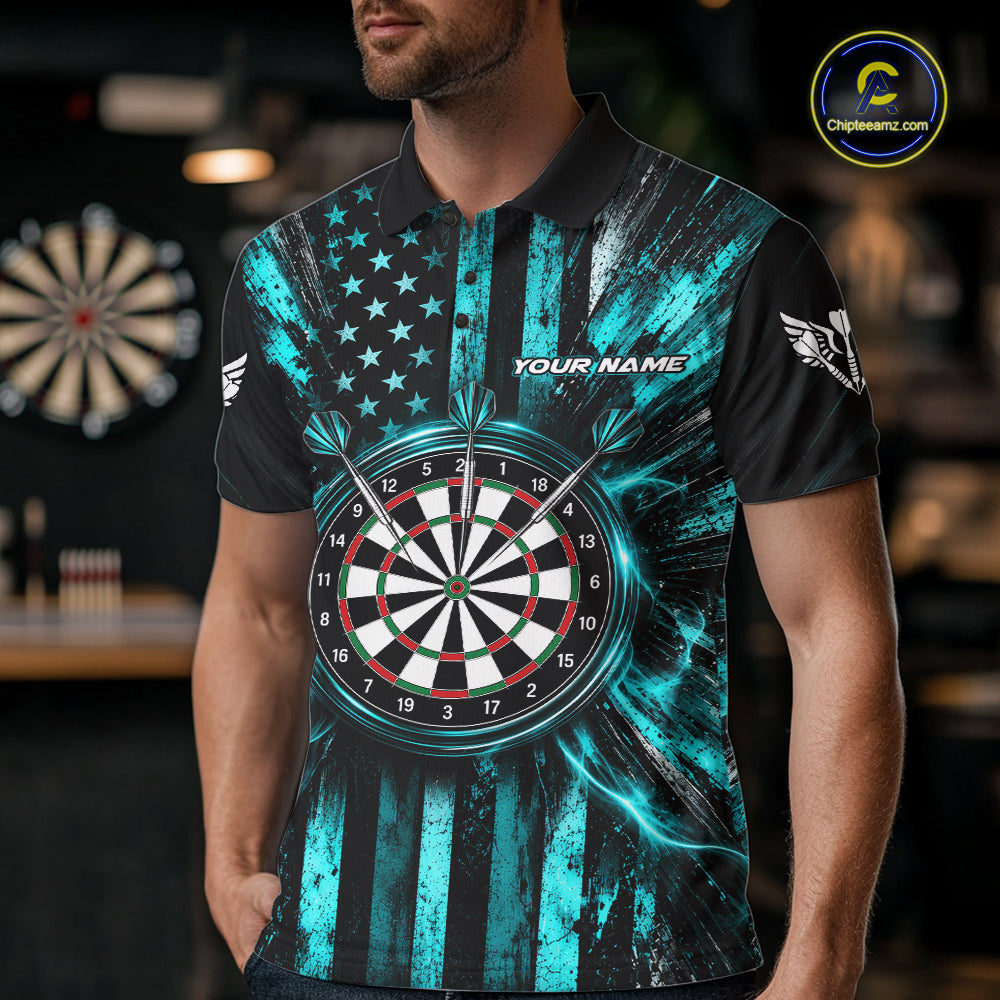 Black And Teal US Flag Mens Darts Polo 1/4-Zip Shirt Custom Patriotic Darts Tournament Jersey NYN4891