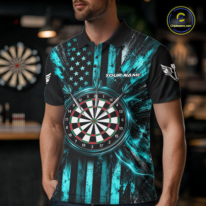 Black And Teal US Flag Mens Darts Polo 1/4-Zip Shirt Custom Patriotic Darts Tournament Jersey NYN4891
