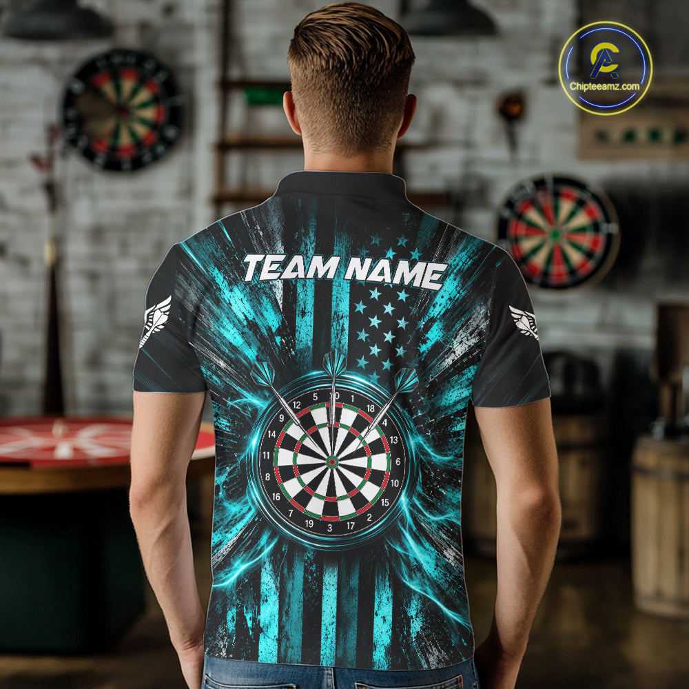 Black And Teal US Flag Mens Darts Polo 1/4-Zip Shirt Custom Patriotic Darts Tournament Jersey NYN4891