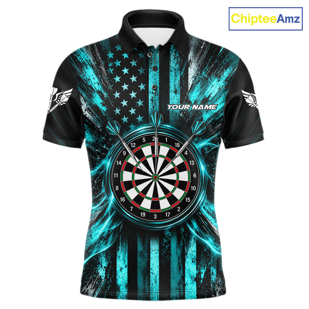 Black And Teal US Flag Mens Darts Polo 1/4-Zip Shirt Custom Patriotic Darts Tournament Jersey NYN4891