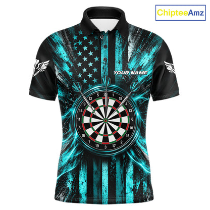 Black And Teal US Flag Mens Darts Polo 1/4-Zip Shirt Custom Patriotic Darts Tournament Jersey NYN4891