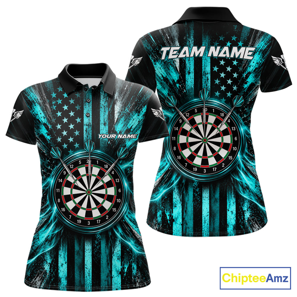 Black And Teal US Flag Women Darts Polo 1/4-Zip Shirt Custom Patriotic Darts Tournament Jersey NYN4891