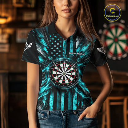 Black And Teal US Flag Women Darts Polo 1/4-Zip Shirt Custom Patriotic Darts Tournament Jersey NYN4891