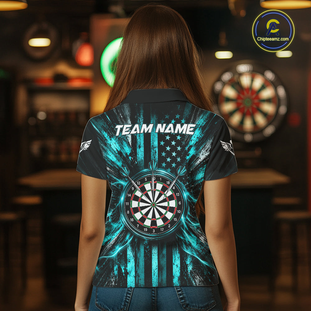 Black And Teal US Flag Women Darts Polo 1/4-Zip Shirt Custom Patriotic Darts Tournament Jersey NYN4891
