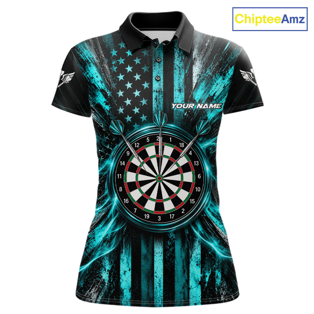 Black And Teal US Flag Women Darts Polo 1/4-Zip Shirt Custom Patriotic Darts Tournament Jersey NYN4891
