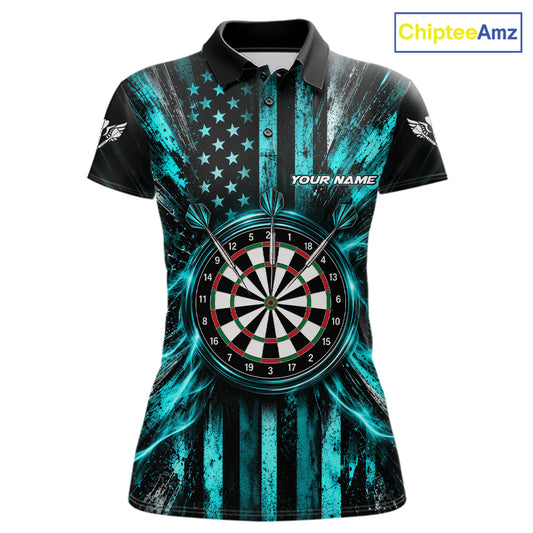 Black And Teal US Flag Women Darts Polo 1/4-Zip Shirt Custom Patriotic Darts Tournament Jersey NYN4891