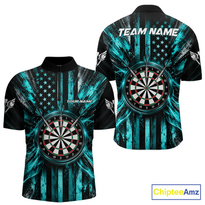 Black And Teal US Flag Mens Darts Polo 1/4-Zip Shirt Custom Patriotic Darts Tournament Jersey NYN4891