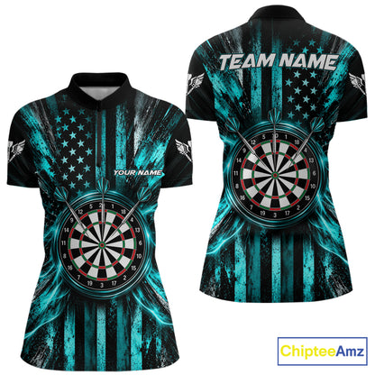 Black And Teal US Flag Women Darts Polo 1/4-Zip Shirt Custom Patriotic Darts Tournament Jersey NYN4891