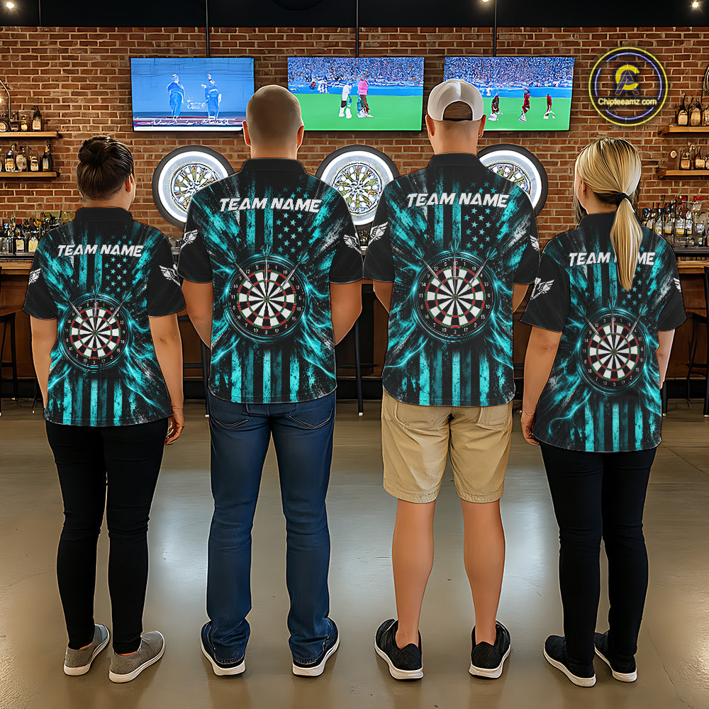 Black And Teal US Flag Women Darts Polo 1/4-Zip Shirt Custom Patriotic Darts Tournament Jersey NYN4891
