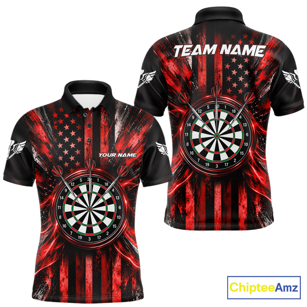 Black And Red US Flag Mens Darts Polo 1/4-Zip Shirt Custom Patriotic Darts Tournament Jersey NYN4892