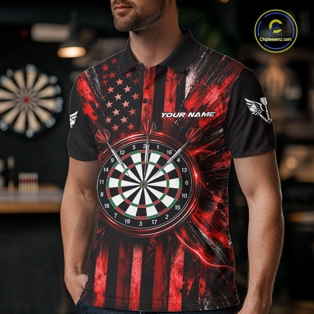 Black And Red US Flag Mens Darts Polo 1/4-Zip Shirt Custom Patriotic Darts Tournament Jersey NYN4892
