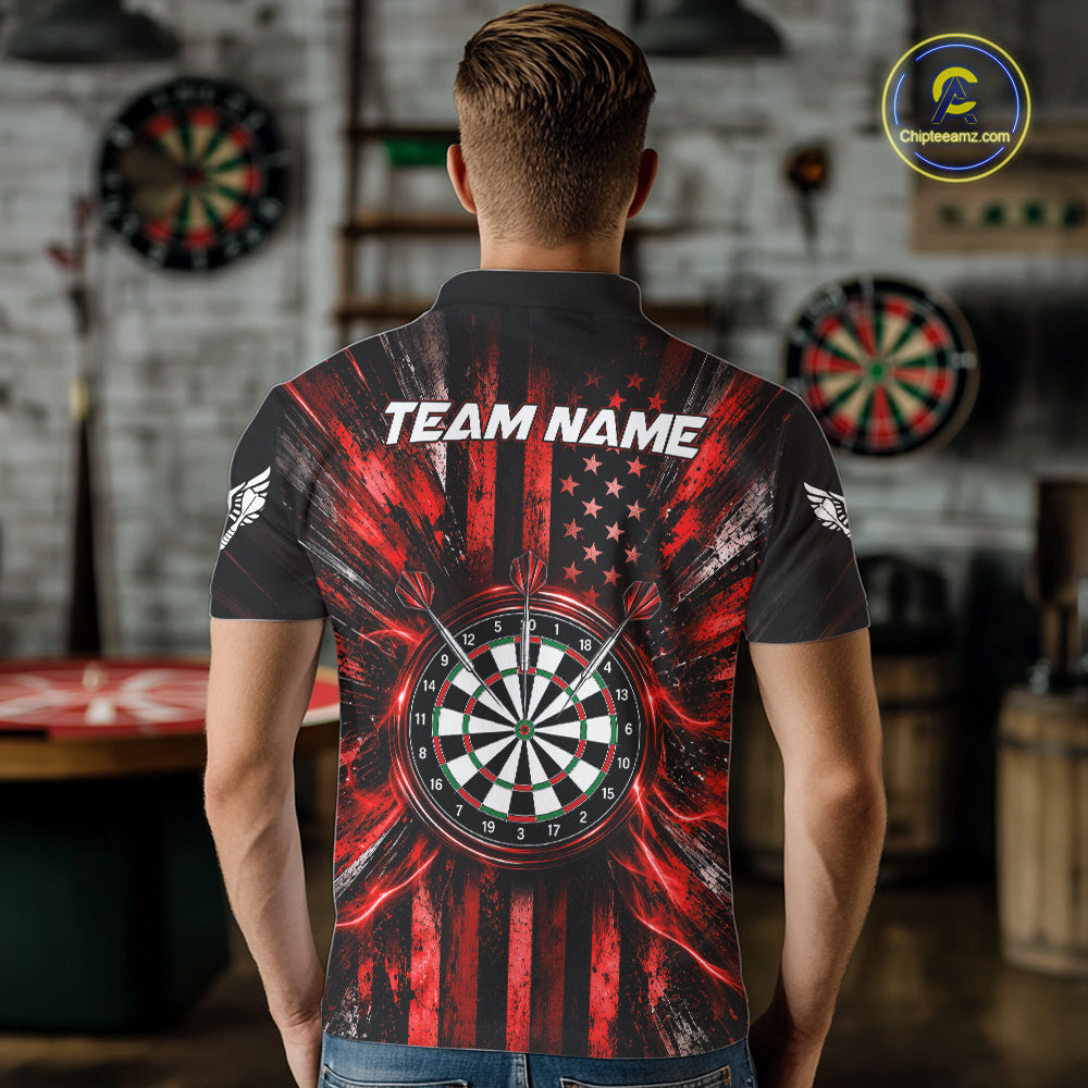 Black And Red US Flag Mens Darts Polo 1/4-Zip Shirt Custom Patriotic Darts Tournament Jersey NYN4892