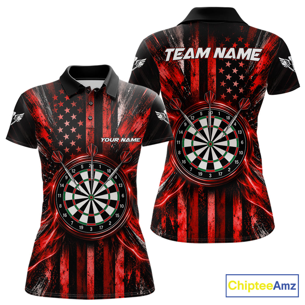 Black And Red US Flag Women Darts Polo 1/4-Zip Shirt Custom Patriotic Darts Tournament Jersey NYN4892