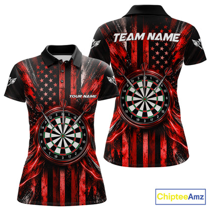 Black And Red US Flag Women Darts Polo 1/4-Zip Shirt Custom Patriotic Darts Tournament Jersey NYN4892