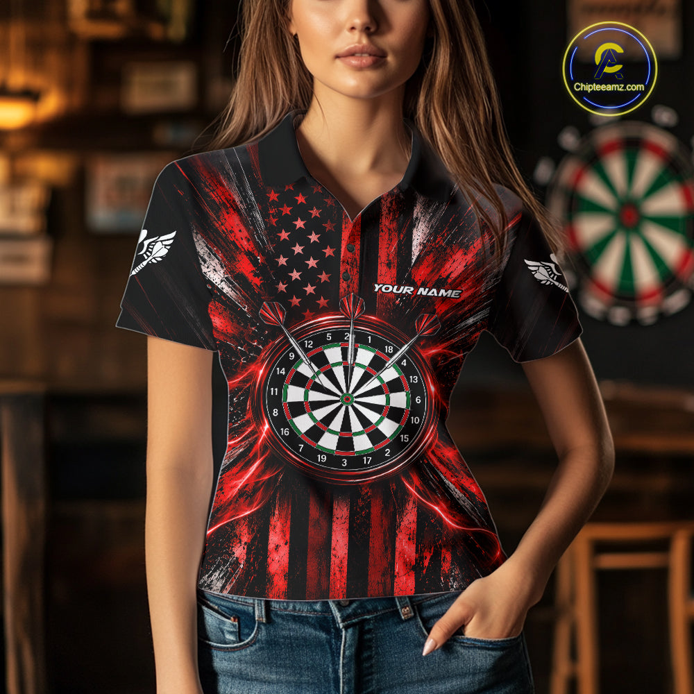 Black And Red US Flag Women Darts Polo 1/4-Zip Shirt Custom Patriotic Darts Tournament Jersey NYN4892