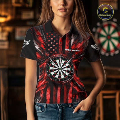 Black And Red US Flag Women Darts Polo 1/4-Zip Shirt Custom Patriotic Darts Tournament Jersey NYN4892