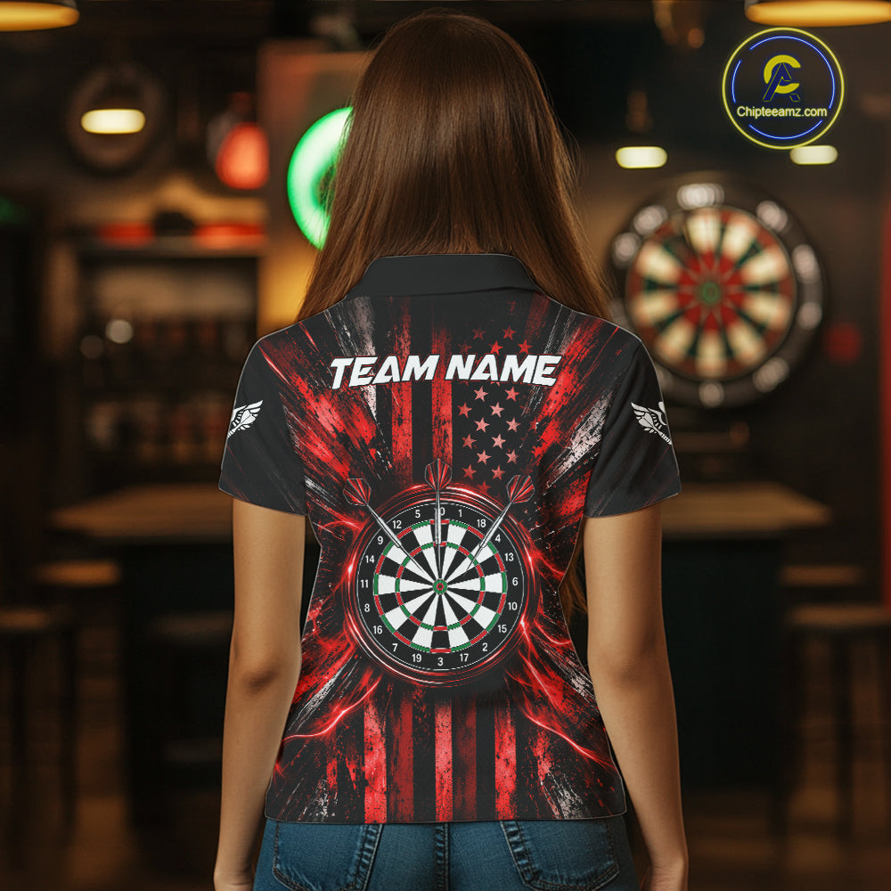 Black And Red US Flag Women Darts Polo 1/4-Zip Shirt Custom Patriotic Darts Tournament Jersey NYN4892