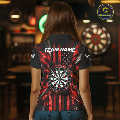 Black And Red US Flag Women Darts Polo 1/4-Zip Shirt Custom Patriotic Darts Tournament Jersey NYN4892