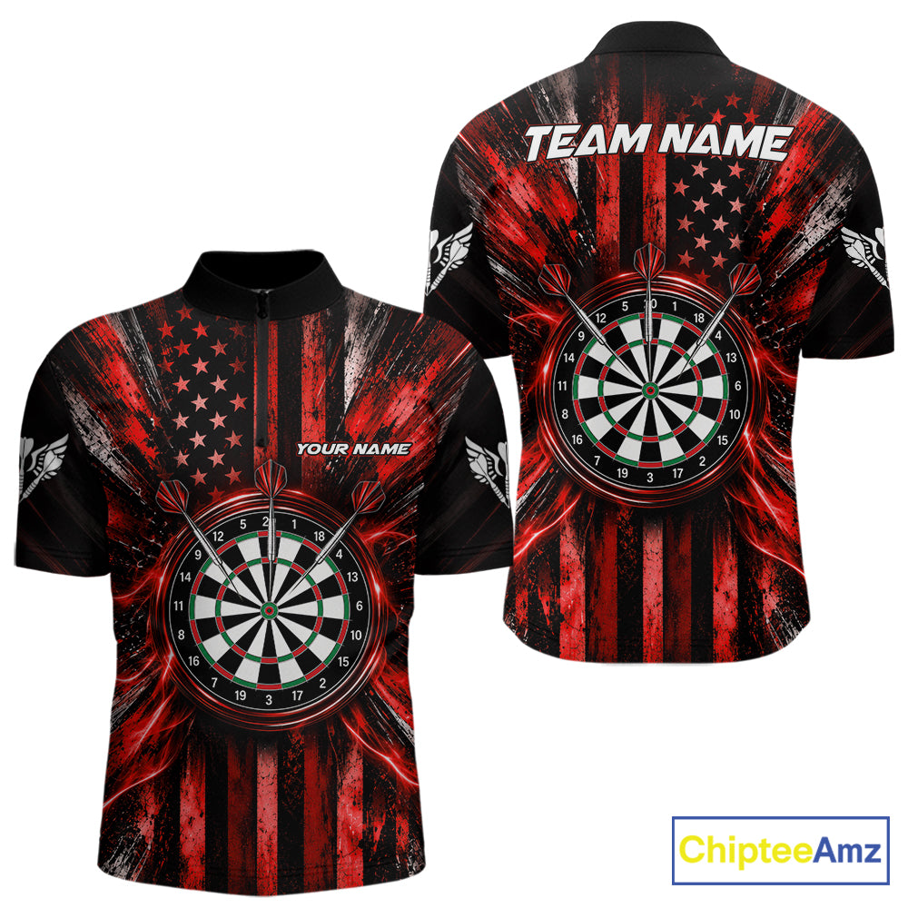 Black And Red US Flag Mens Darts Polo 1/4-Zip Shirt Custom Patriotic Darts Tournament Jersey NYN4892