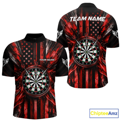 Black And Red US Flag Mens Darts Polo 1/4-Zip Shirt Custom Patriotic Darts Tournament Jersey NYN4892