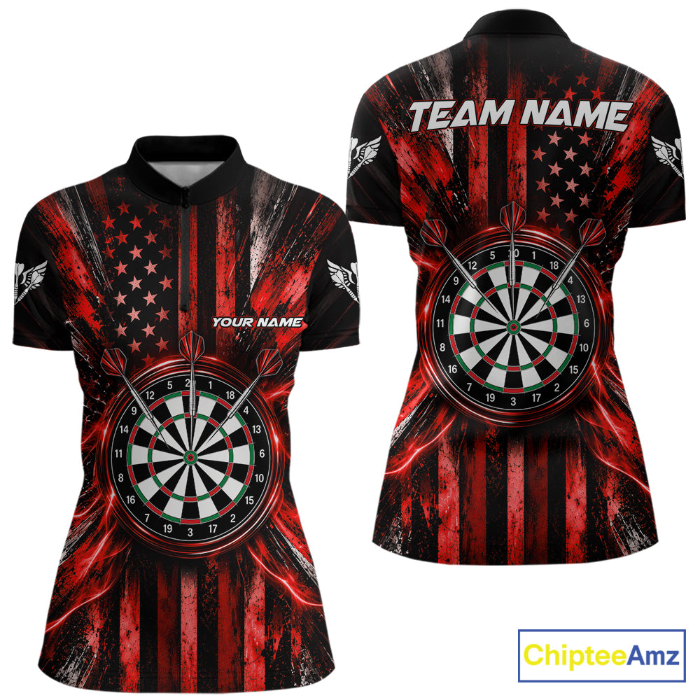 Black And Red US Flag Women Darts Polo 1/4-Zip Shirt Custom Patriotic Darts Tournament Jersey NYN4892