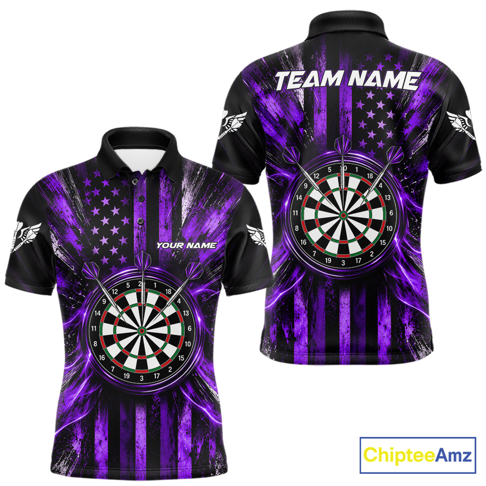 Black And Purple US Flag Mens Darts Polo 1/4-Zip Shirt Custom Patriotic Darts Tournament Jersey NYN4893