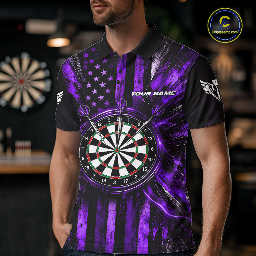 Black And Purple US Flag Mens Darts Polo 1/4-Zip Shirt Custom Patriotic Darts Tournament Jersey NYN4893