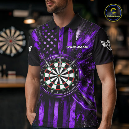 Black And Purple US Flag Mens Darts Polo 1/4-Zip Shirt Custom Patriotic Darts Tournament Jersey NYN4893