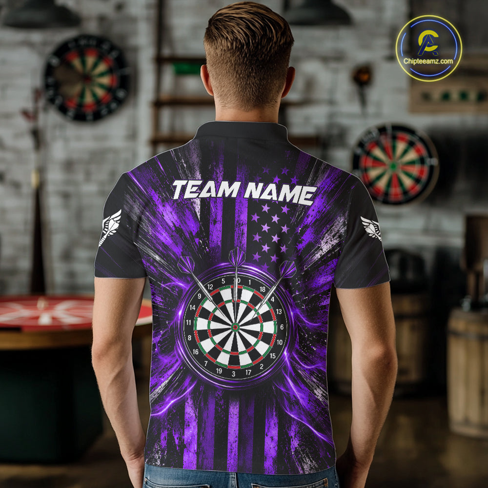 Black And Purple US Flag Mens Darts Polo 1/4-Zip Shirt Custom Patriotic Darts Tournament Jersey NYN4893