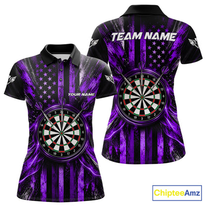 Black And Purple US Flag Women Darts Polo 1/4-Zip Shirt Custom Patriotic Darts Tournament Jersey NYN4893