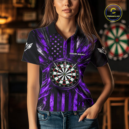 Black And Purple US Flag Women Darts Polo 1/4-Zip Shirt Custom Patriotic Darts Tournament Jersey NYN4893