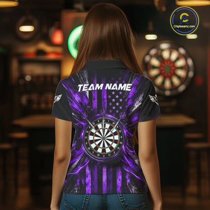 Black And Purple US Flag Women Darts Polo 1/4-Zip Shirt Custom Patriotic Darts Tournament Jersey NYN4893
