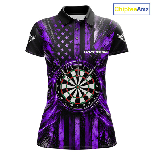 Black And Purple US Flag Women Darts Polo 1/4-Zip Shirt Custom Patriotic Darts Tournament Jersey NYN4893