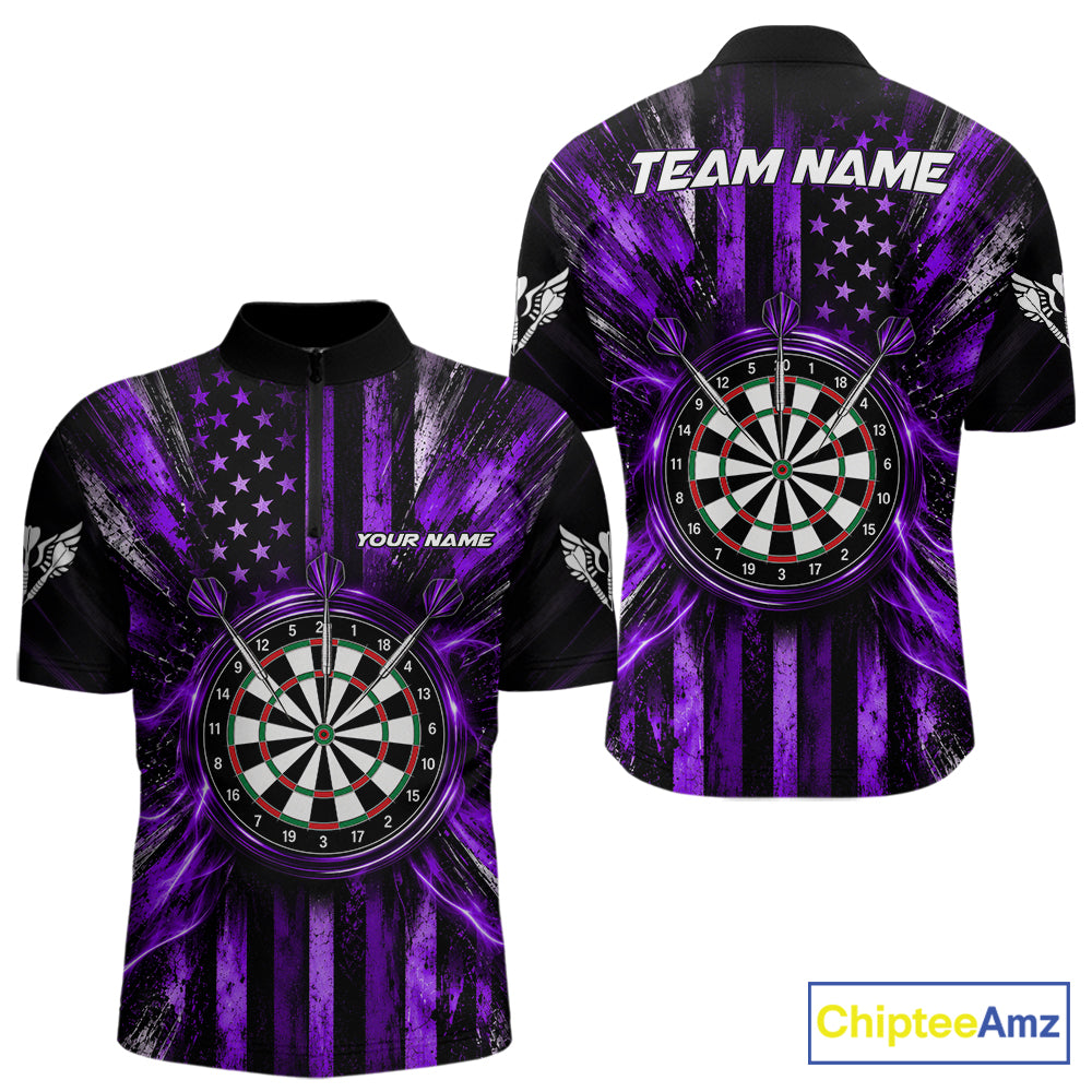 Black And Purple US Flag Mens Darts Polo 1/4-Zip Shirt Custom Patriotic Darts Tournament Jersey NYN4893