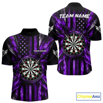 Black And Purple US Flag Mens Darts Polo 1/4-Zip Shirt Custom Patriotic Darts Tournament Jersey NYN4893