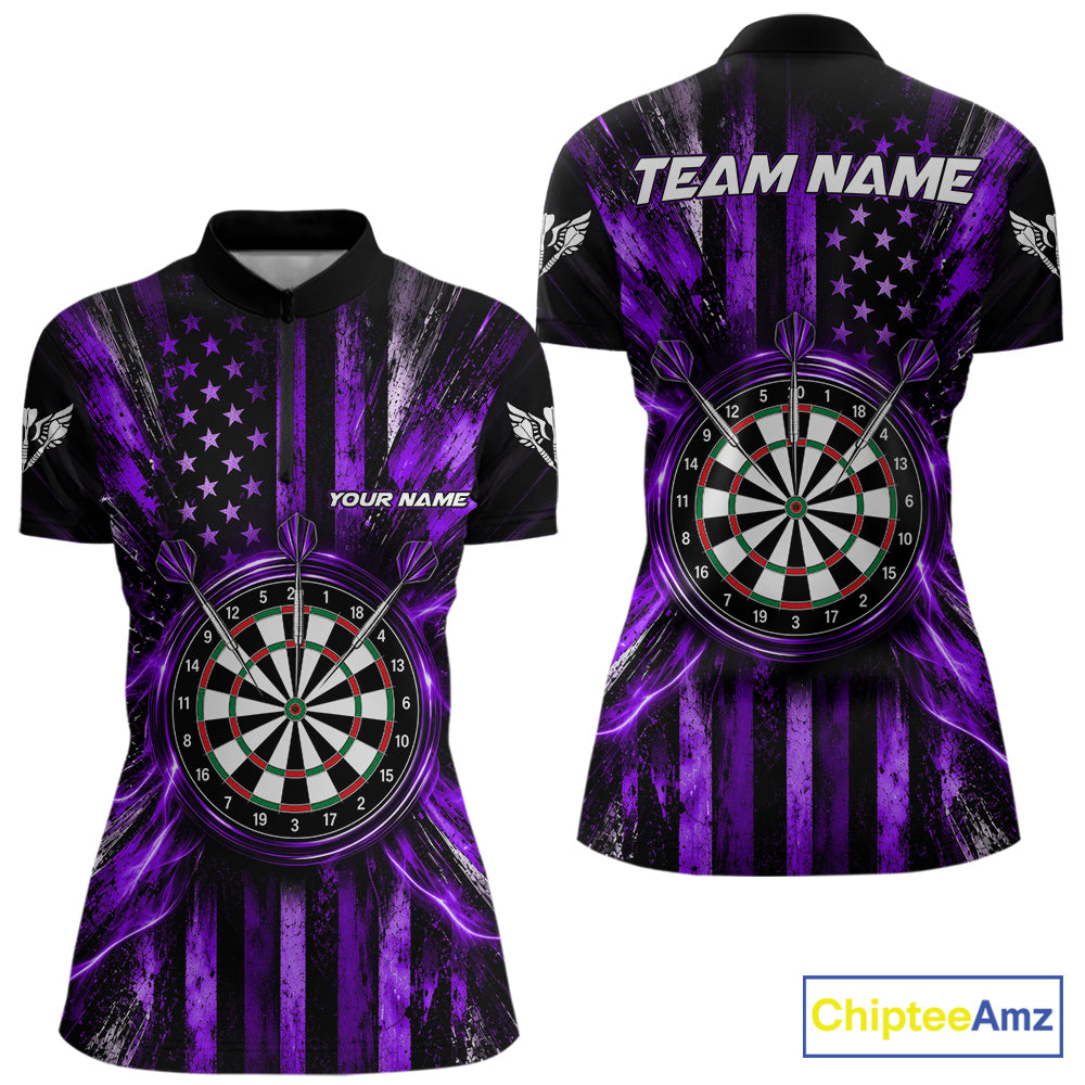 Black And Purple US Flag Women Darts Polo 1/4-Zip Shirt Custom Patriotic Darts Tournament Jersey NYN4893