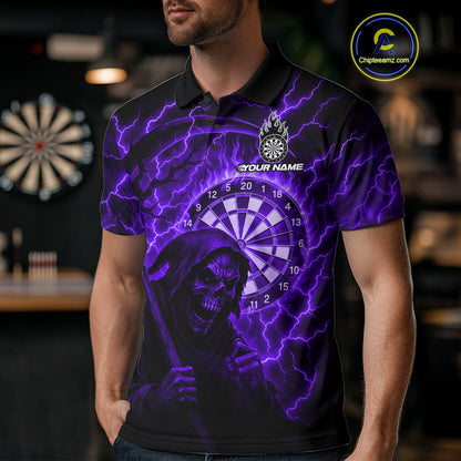 Custom Lightning Purple Grim Reaper Men Dart Polo Shirt Flames Dart Tournament Jersey NYN1447