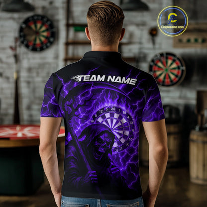 Custom Lightning Purple Grim Reaper Men Dart Polo Shirt Flames Dart Tournament Jersey NYN1447
