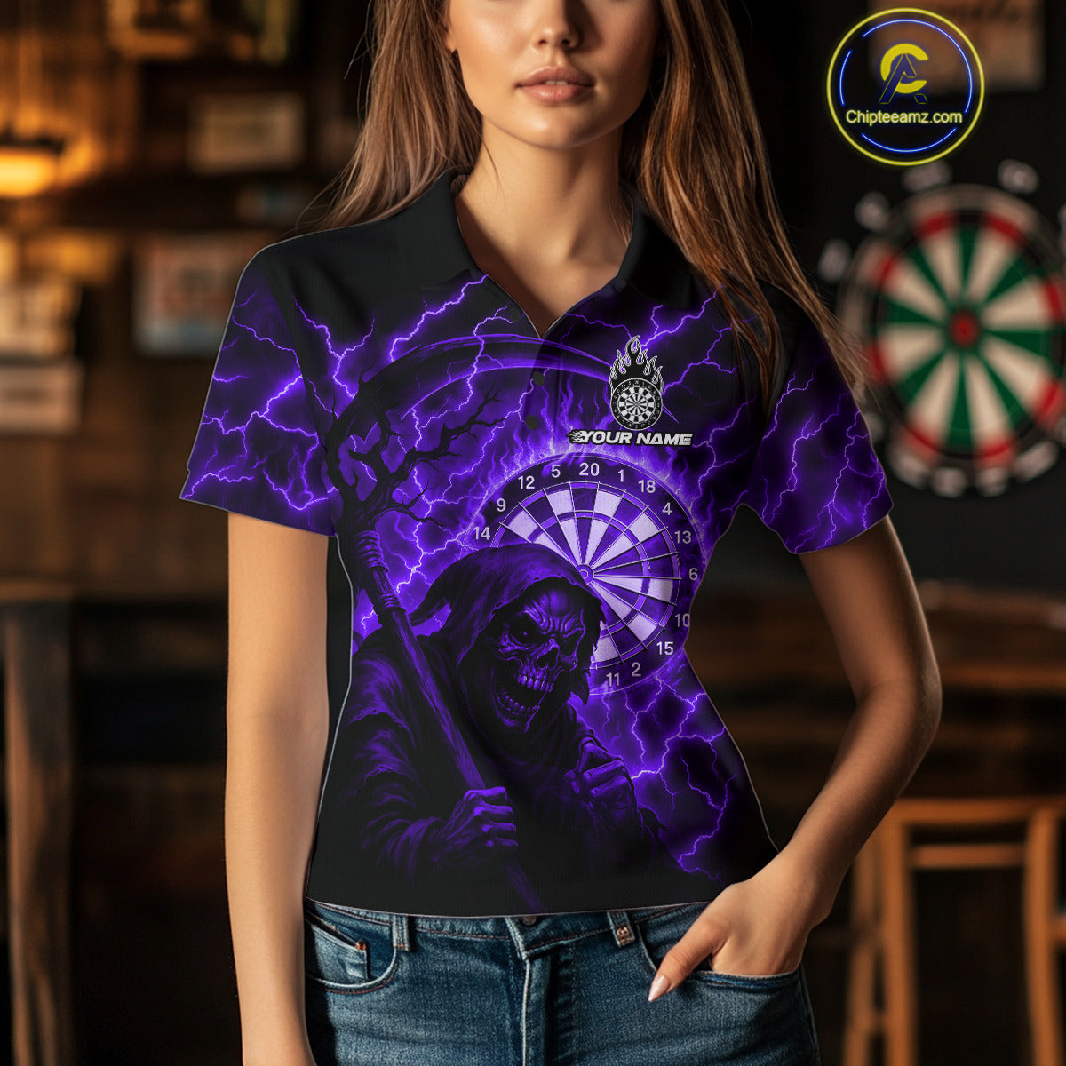 Custom Lightning Purple Grim Reaper Women Dart Polo Shirt Flames Dart Tournament Jersey NYN1447