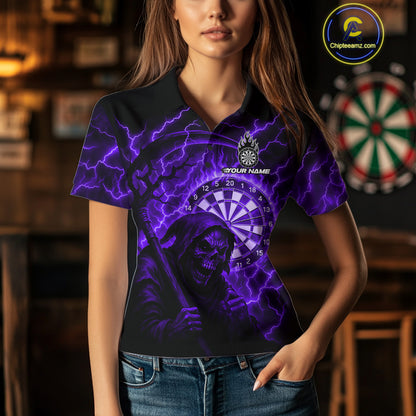 Custom Lightning Purple Grim Reaper Women Dart Polo Shirt Flames Dart Tournament Jersey NYN1447