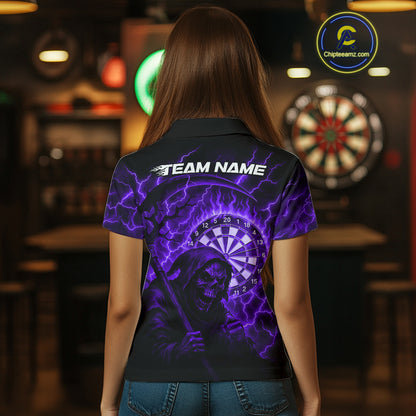 Custom Lightning Purple Grim Reaper Women Dart Polo Shirt Flames Dart Tournament Jersey NYN1447
