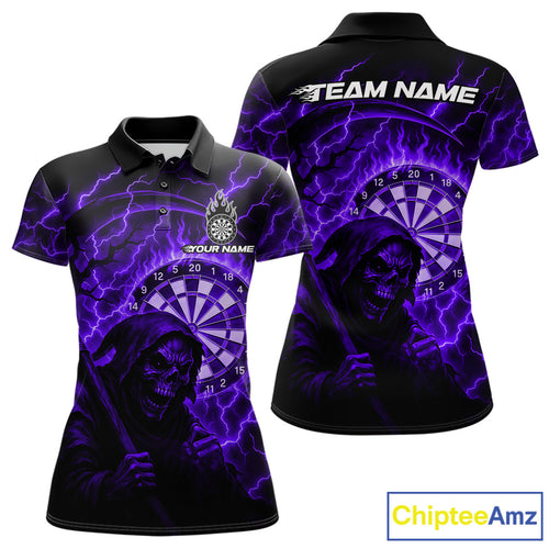 Custom Lightning Purple Grim Reaper Women Dart Polo Shirt Flames Dart Tournament Jersey NYN1447