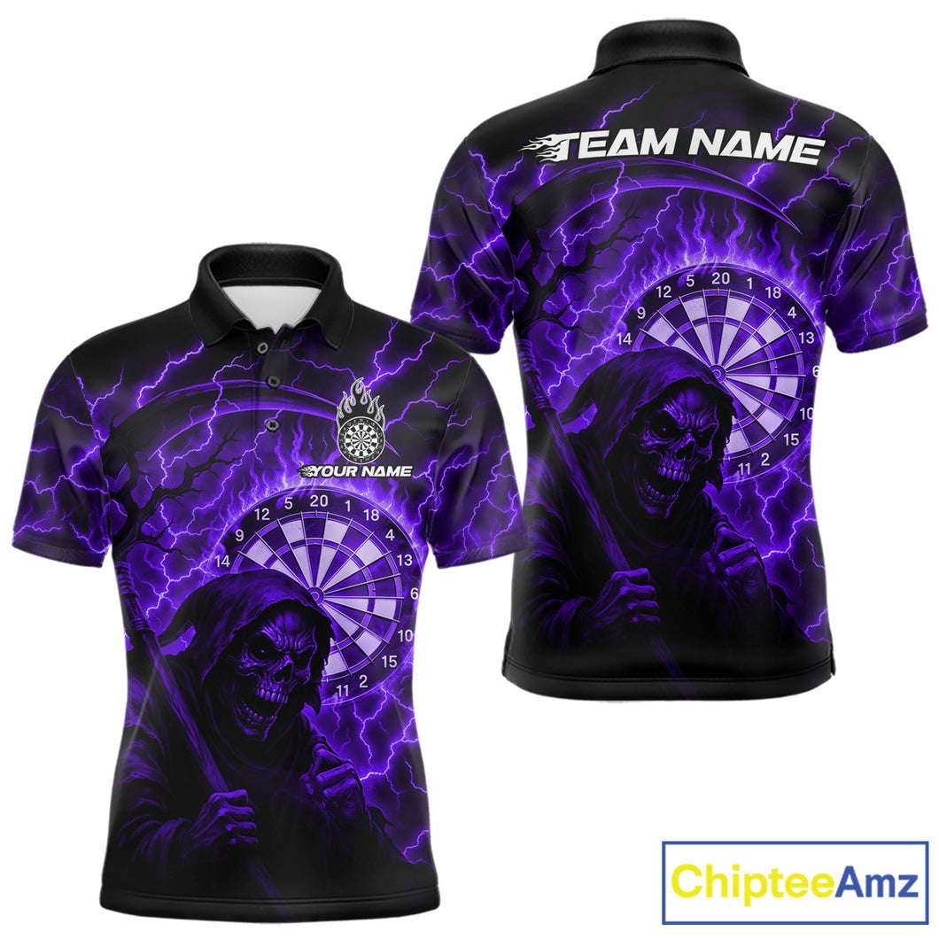 Custom Lightning Purple Grim Reaper Men Dart Polo Shirt Flames Dart Tournament Jersey NYN1447