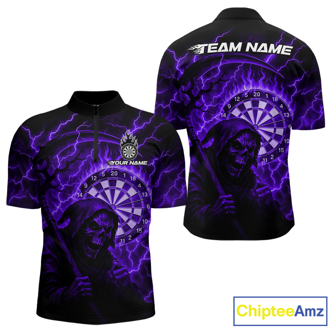 Custom Lightning Purple Grim Reaper Men Dart 1/4-Zip Shirt Flames Dart Tournament Jersey NYN1447