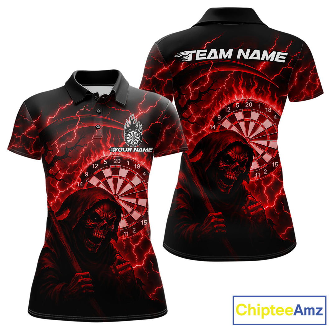 Custom Lightning Red Grim Reaper Women Dart Polo Shirt Flames Dart Tournament Jersey NYN1448