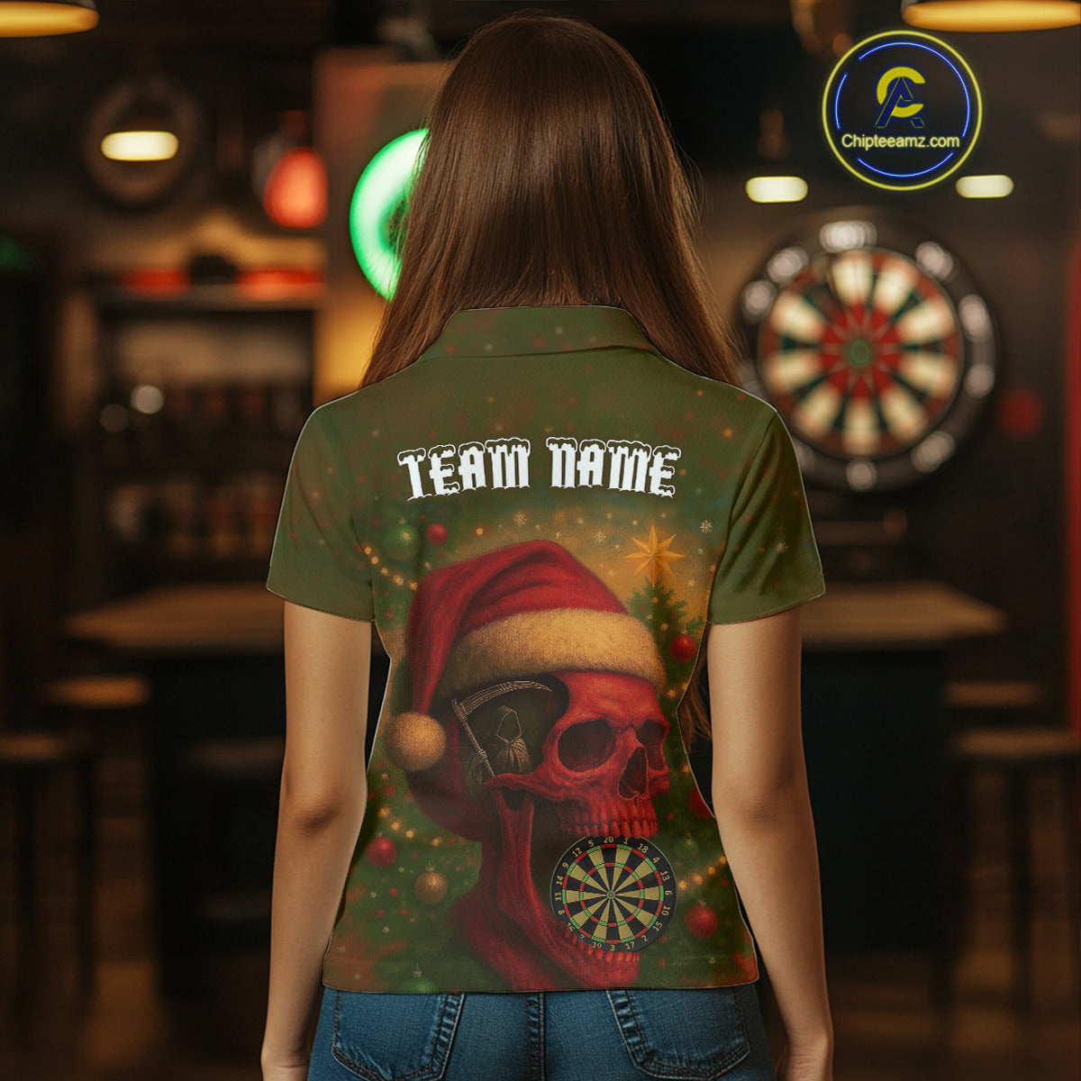 Custom Santa Skull Dartboard Christmas Dart Polo Shirt For Women Xmas Tree Dart Team Jersey NYN1454