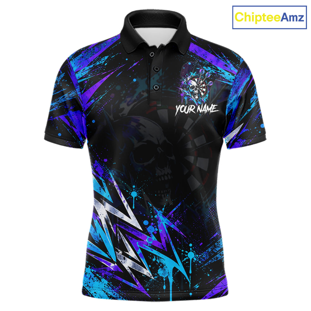 Custom Neon Blue Purple Skull Darts Polo 1/4-Zip Shirt For Men Skull Splatter Dart Team Jersey NYN4535
